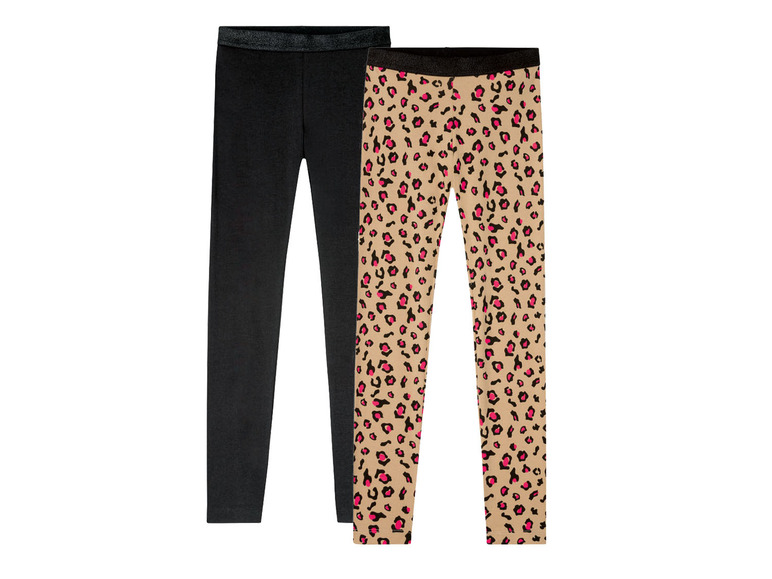 Zwei Leggings, eine schwarze und eine mit Leopardenmuster.