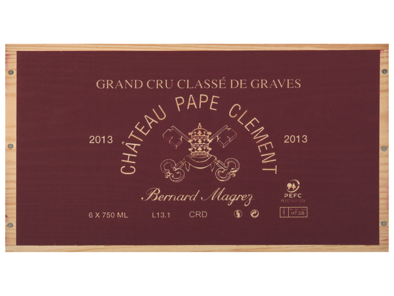 6 x 0 75-l-Flasche Château Pape Clement Pessac-Léognan AOP trocken Rotwein  2013 - Original-Holzkiste