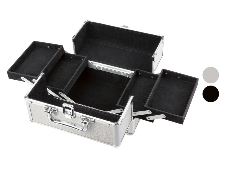 Ein silberner Kosmetikkoffer mit mehreren Fächern.