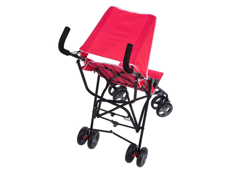 Ein roter Kinderwagen mit Sonnendach.
