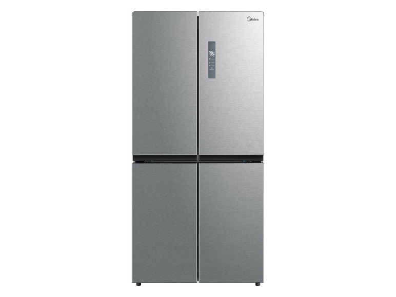Ein Midea Side-by-Side-Kühlschrank in Silber mit 4 Türen.