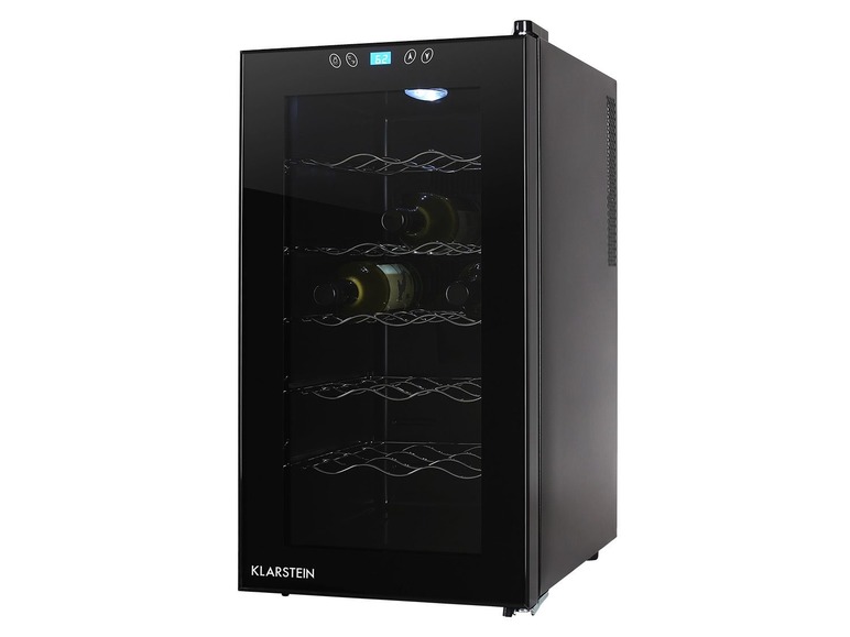 Ein schwarzer Weinkühlschrank von Klarstein mit Glastür und Weinflaschen