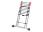 Eine ausziehbare Aluminiumleiter mit roten Akzenten.