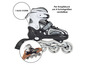 Schwarze Inline-Skates mit weißen Rollen und verstellbarem System für 4 Schuhgrößen.