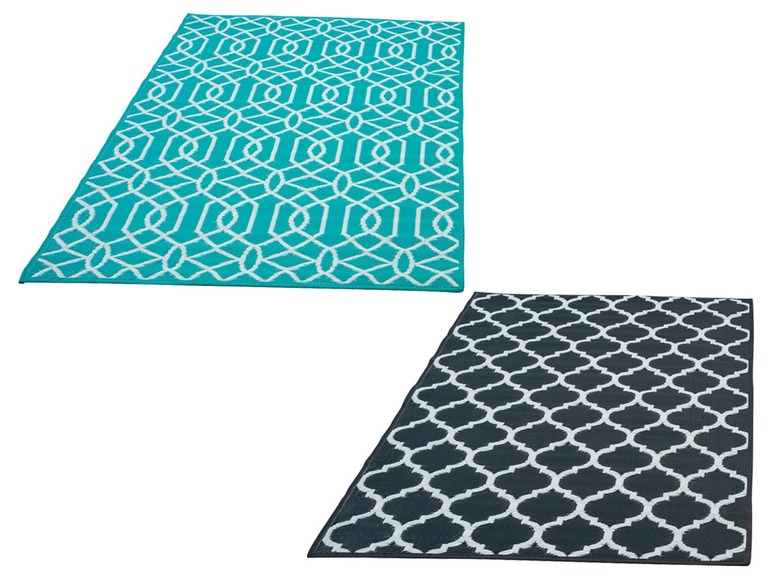 Zwei Outdoor-Teppiche mit geometrischem Muster in Türkis und Grau