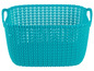 Ein türkisfarbener Plastikkorb mit Griffen.