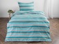 Blau-weiß gestreiftes Bettbezug-Set.