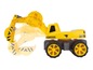 Gelber Spielzeugbagger mit drehbarem Arm.
