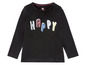 Schwarzes Langarmshirt mit dem Schriftzug 'HAPPY' in bunten Buchstaben.