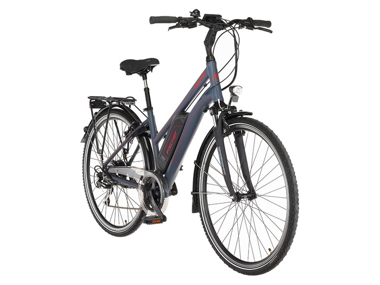 Ein graues Fischer E-Bike mit Gepäckträger.