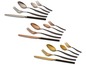 Set aus Silber-, Kupfer- und Goldbesteck mit schwarzen Griffen.
