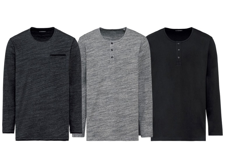 Drei langärmlige Shirts von Livergy: eins mit Tasche, eins mit Knöpfen und eins einfarbig.