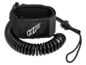 Eine schwarze G&F Surf-Leash mit Spiralkabel.
