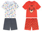 Zwei Babysets mit Shirts und Shorts, eines mit Sternen und das andere mit einem Tiger.