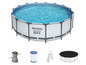 Bestway Steel Pro MAX Pool mit Filterpumpe, Filterkartusche, Leiter und Abdeckplane.