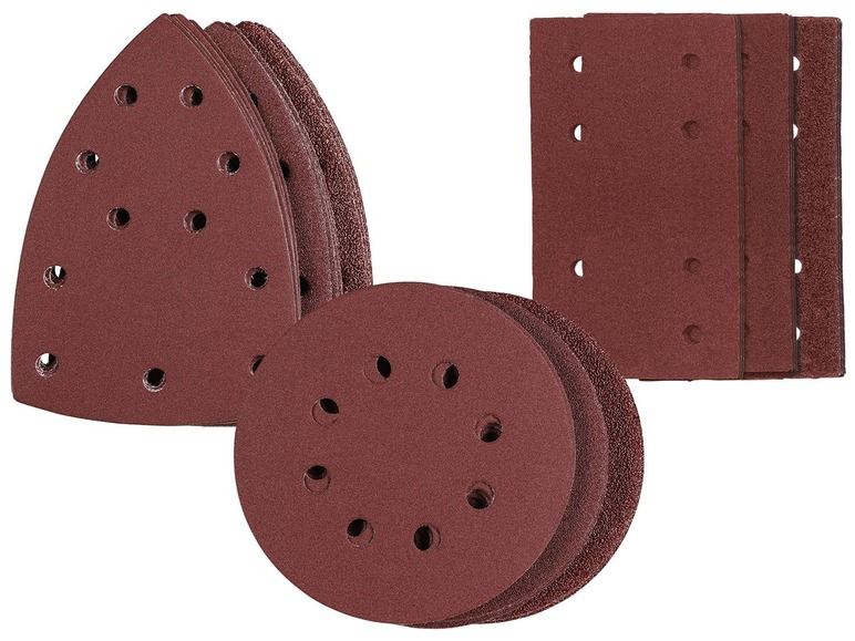 Schleifpapier in drei Formen: rund, dreieckig und rechteckig.