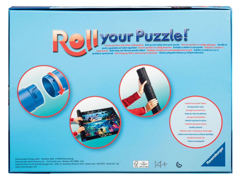 Ravensburger Roll your Puzzle! Eine Box mit einer Rolle zum sicheren Verstauen von Puzzles.