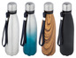 Vier isolierte Wasserflaschen mit Griff: Stahl, blau, Holz und schwarz.