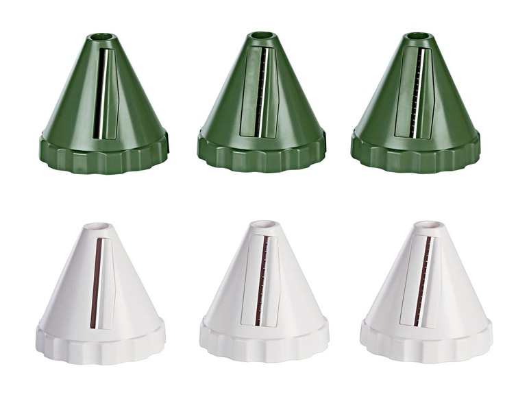 Drei grüne und drei weiße Mandoline-Scheiben zum Schneiden von Gemüse.