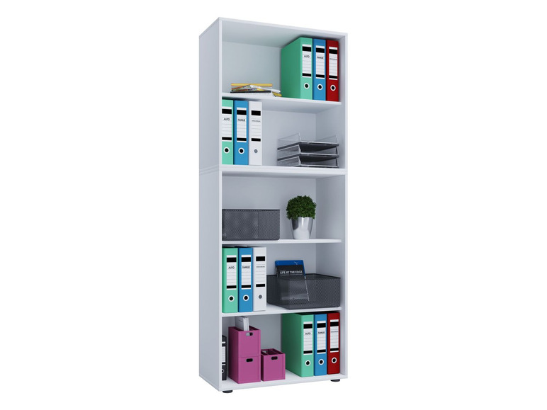 Weißer Schrank mit Ringbuchordnern, einer Pflanze, einem Buch und Aufbewahrungsboxen.