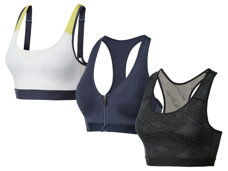 Drei Sport-BHs in verschiedenen Farben und Stilen.