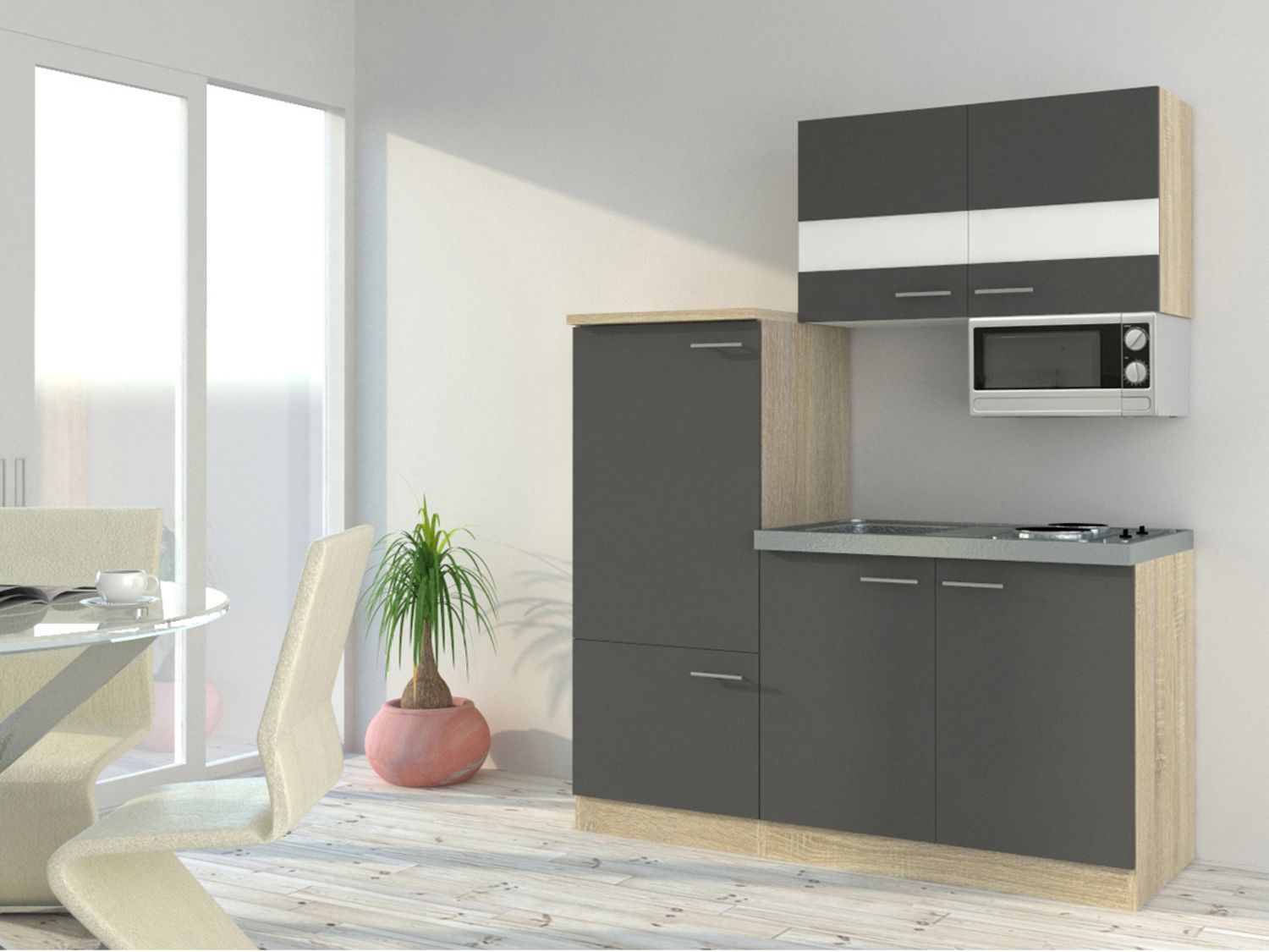 Respekta Singleküche Eiche Sonoma Sägerau 150/160/180cm (mit Mikrowelle, grau mit Kochmulde, Breite 160cm) | 04260641222636