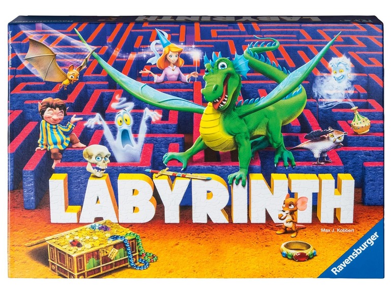 Die Schachtel des Ravensburger Brettspiels Labyrinth mit einem Drachen, einem Geist und einer Maus.