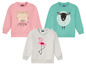 Drei Kinderpullover mit Katz-, Schaf- und Flamingomuster.