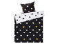 Ein schwarzer Bettbezug mit weißen und gelben Herzen.