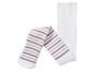 Weiße Baby-Strumpfhosen mit rosa und grauen Streifen.