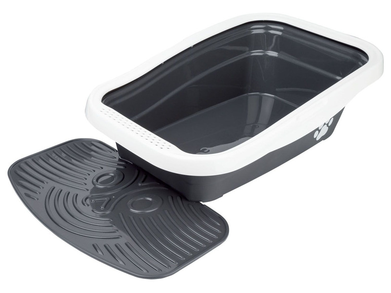 Eine graue Katzentoilette mit weißem Rand und einer passenden Matte.