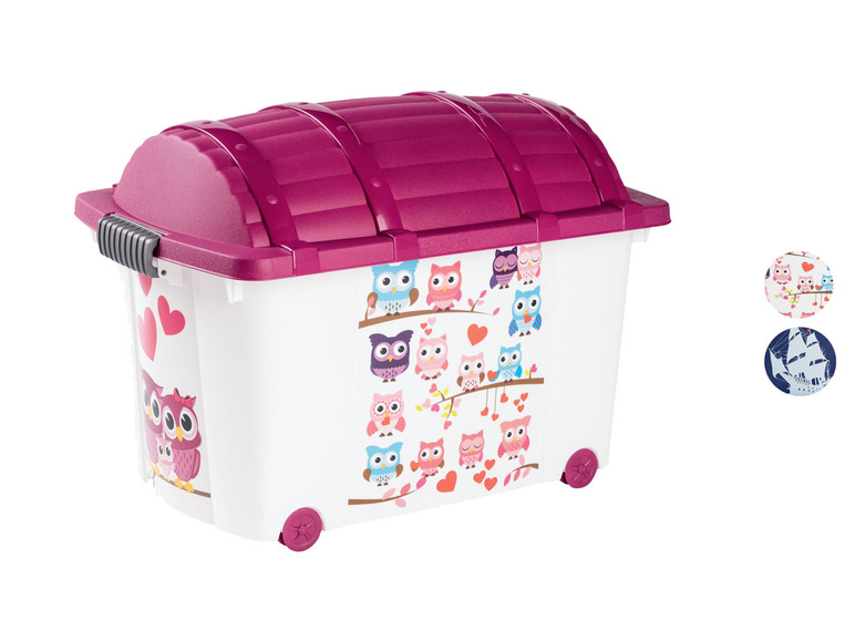 Eine rosa Aufbewahrungsbox mit Rollen, verziert mit Eulen.