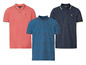 Drei Poloshirts von Livergy in unifarben, mit tropischem Muster und Textur.