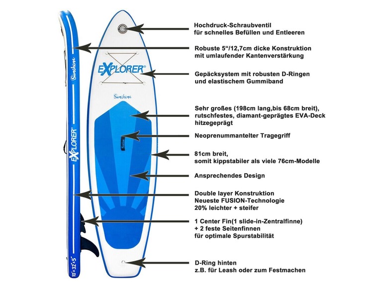 Gehe zu Vollbildansicht: Explorer SUP Board »Sunshine«, 305 cm Board-Länge, 3-Finnen, mit Paddel, Pumpe und Rucksack - Bild 12