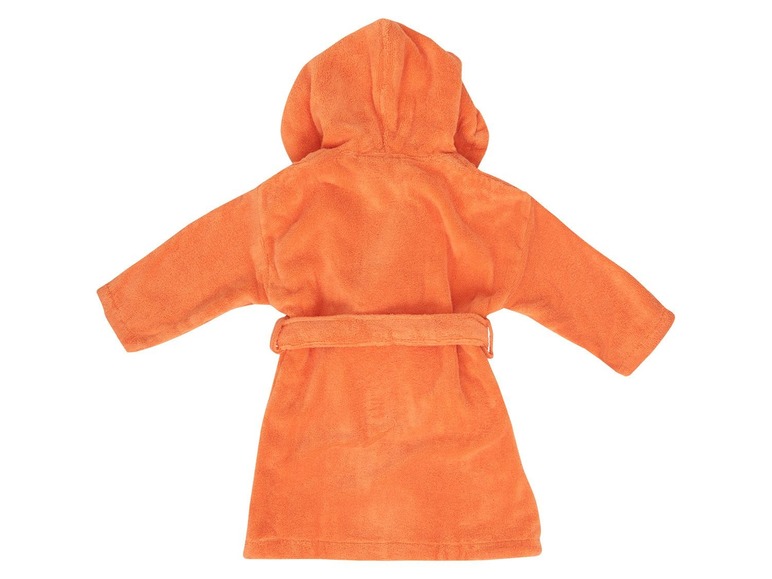Ein orangefarbener Bademantel mit Kapuze für Kinder.