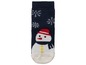 Blaue Socken mit Schneemann- und Schneeflocken-Motiv.
