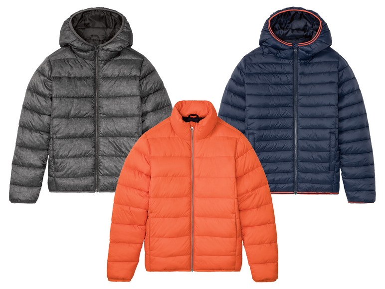 Drei Winterjacken mit Kapuze in Grau, Blau und Orange.