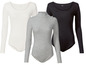 Drei Langarmbodys, weiß, grau und schwarz.