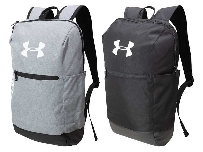 Zwei Under Armour Rucksäcke, einer grau und einer schwarz.