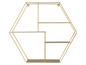 Goldfarbenes Wandregal aus Metall mit vier Ablagen in Sechseckform.