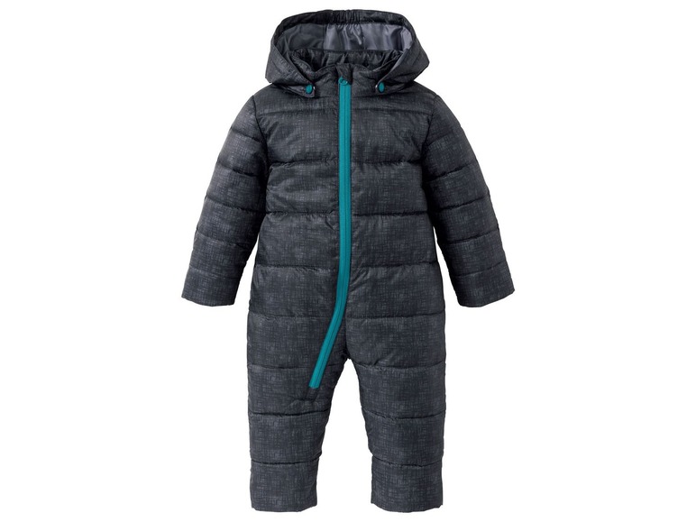 Ein grauer Winteroverall für Kinder mit Kapuze.