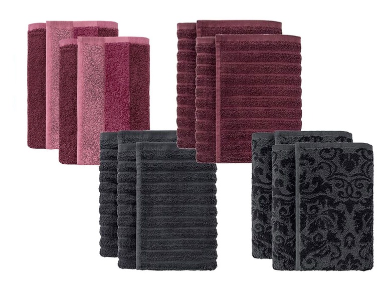 Drei Sets Handtücher in Rosa, Dunkelrot und Grau mit verschiedenen Texturen.