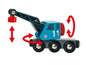 Ein blauer Holz-Kran mit drehbarem Arm und Magnet.
