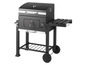 Ein schwarzer Gasgrill mit zwei Brennern auf einem Gestell mit Rädern.
