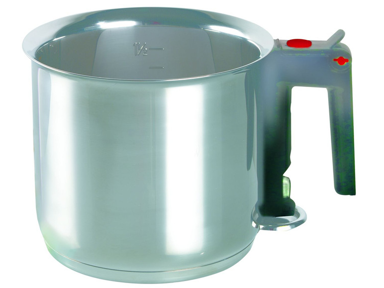 Ein Edelstahltopf mit einem roten Knopf am Griff.