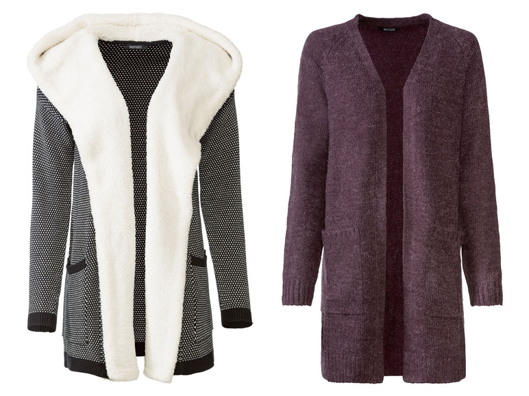 Zwei Damen-Cardigans, einer mit Kapuze und Fleece-Futter, der andere unifarben lila.