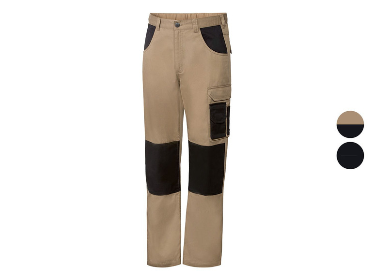 Beige Arbeitshose mit schwarzen Details.