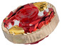Ein rotes, goldenes und silbernes Beyblade Spielzeug.