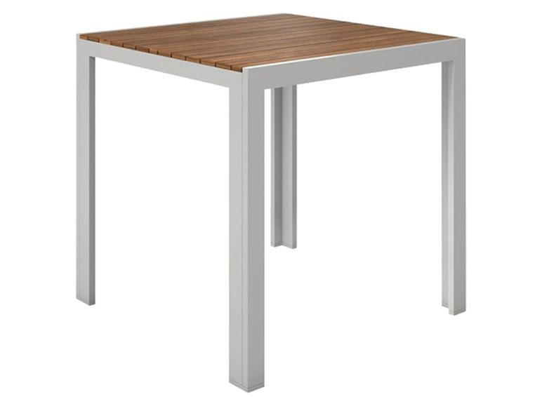 Ein weißer Metalltisch mit einer Holzplatte.