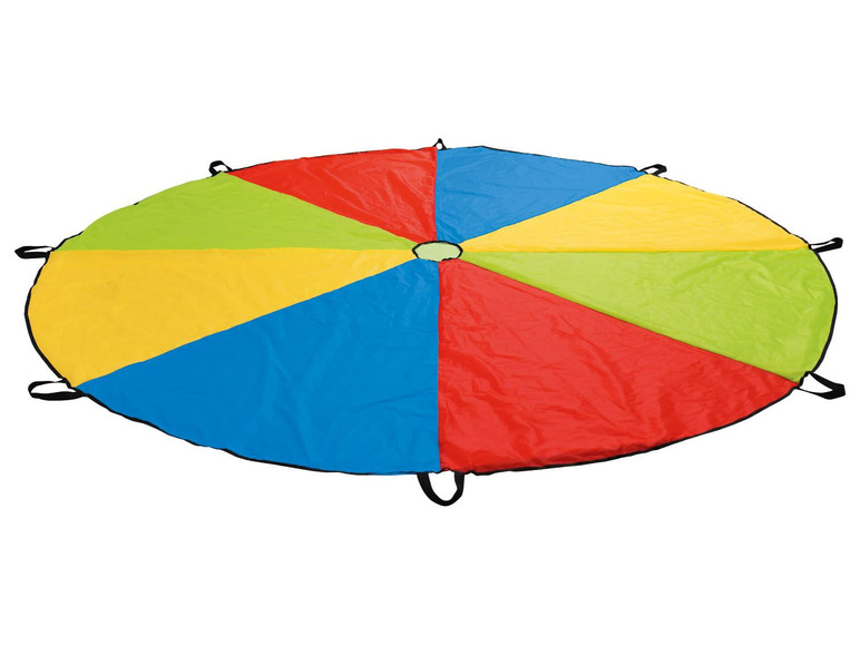 Ein farbenfrohes Fallschirmspielzeug für draußen.